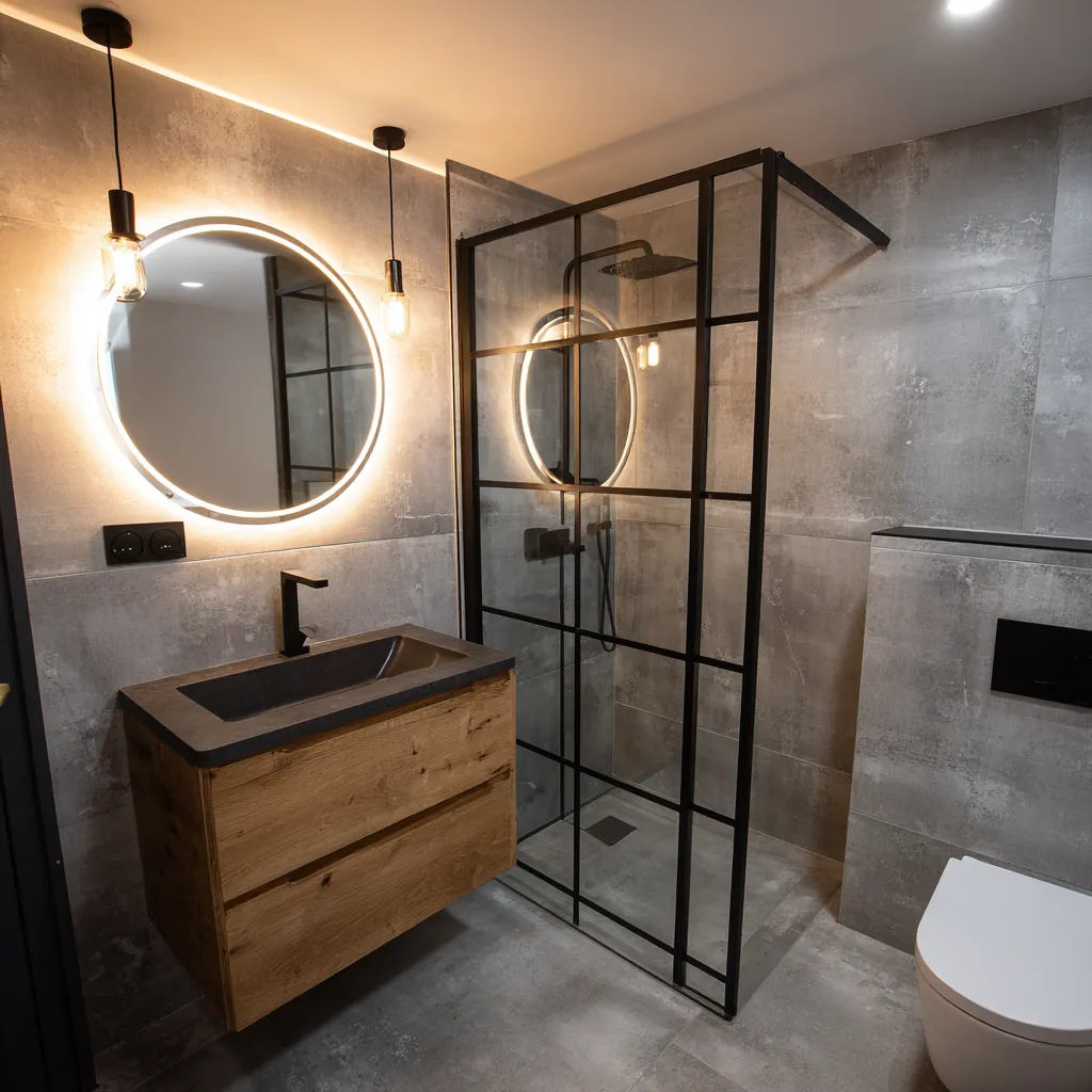 Industrial-style fitted en-suite with black fixtures