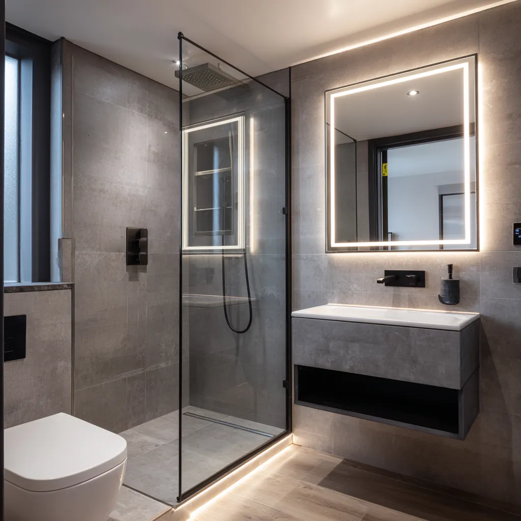 En-suite fitted bathroom Edinburgh with glass shower screen and LED mirror