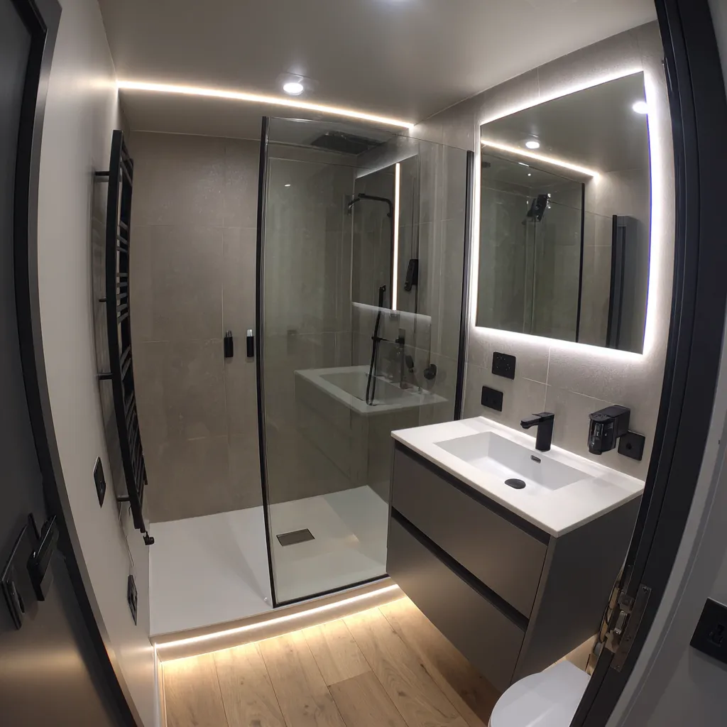High-end fitted en-suite bathroom with LED mirror