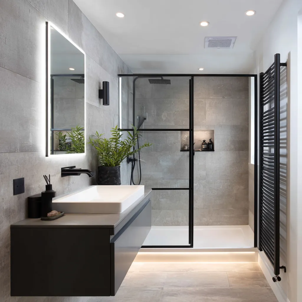 Grey stone effect bathroom with black frame shower screen