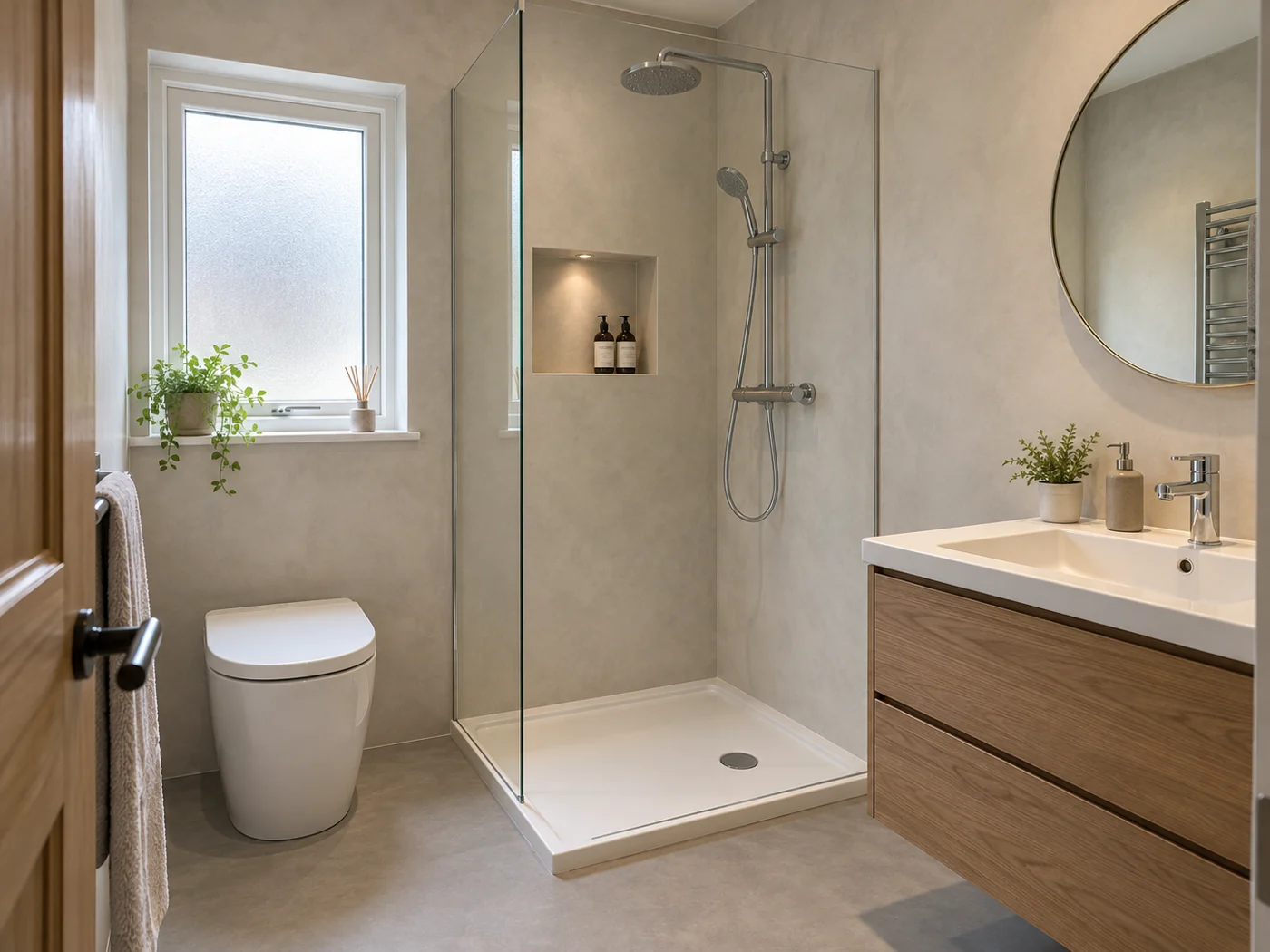 Microcement shower walls with a recessed shelf and wood drawer vanity