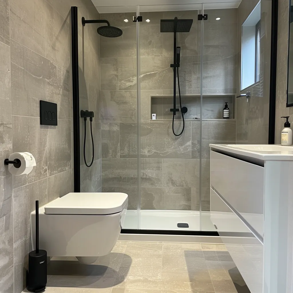 Compact modern fitted bathroom with natural light
