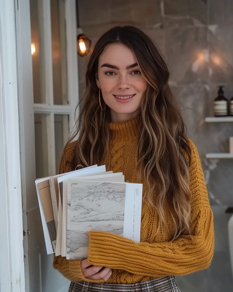 Our bathroom designer visiting an Edinburgh home with material samples