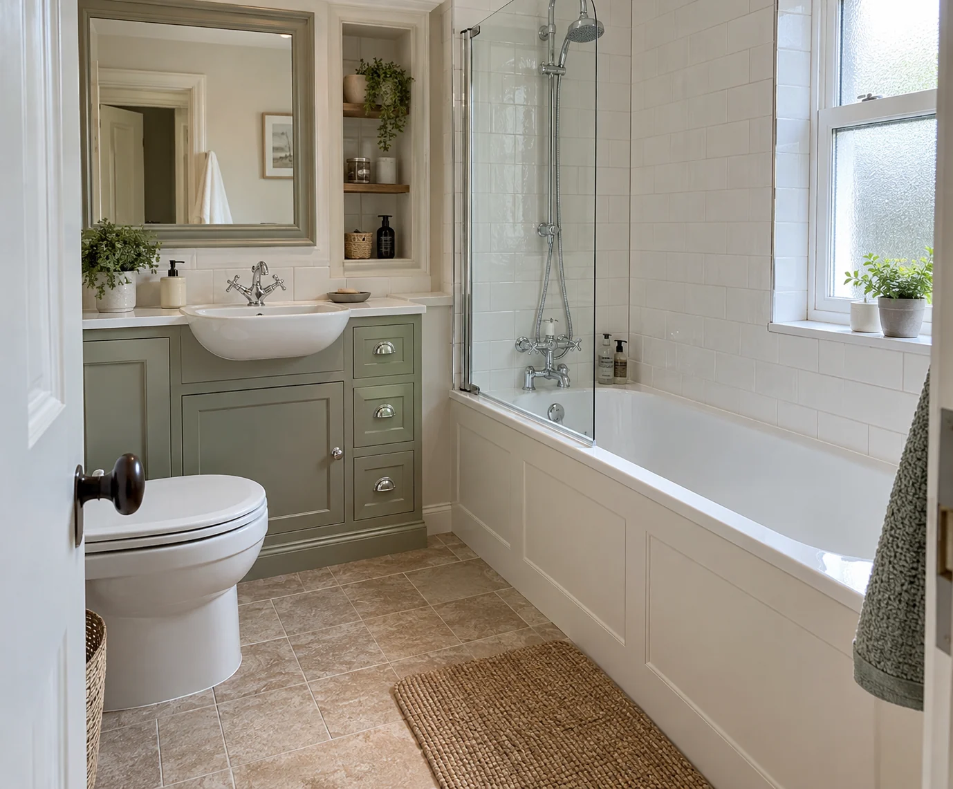Traditional fitted bath and sage vanity with chrome taps and recessed shelves